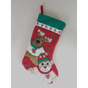 Vintage Christmas Stocking Red Green Felt Reindeer Bear Joy Embroidered 3D